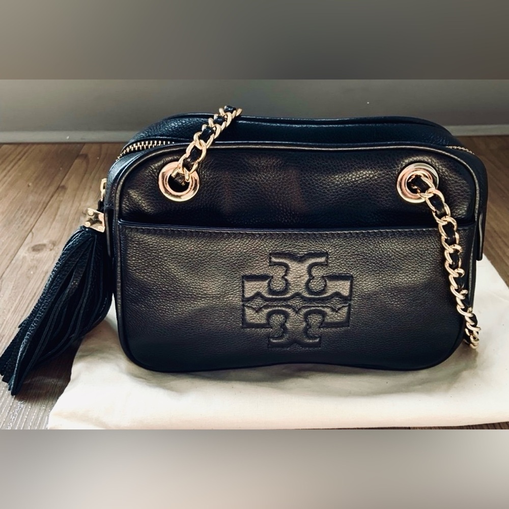 Tory Burch Black Leather Crossbody Bag with Gold Accents